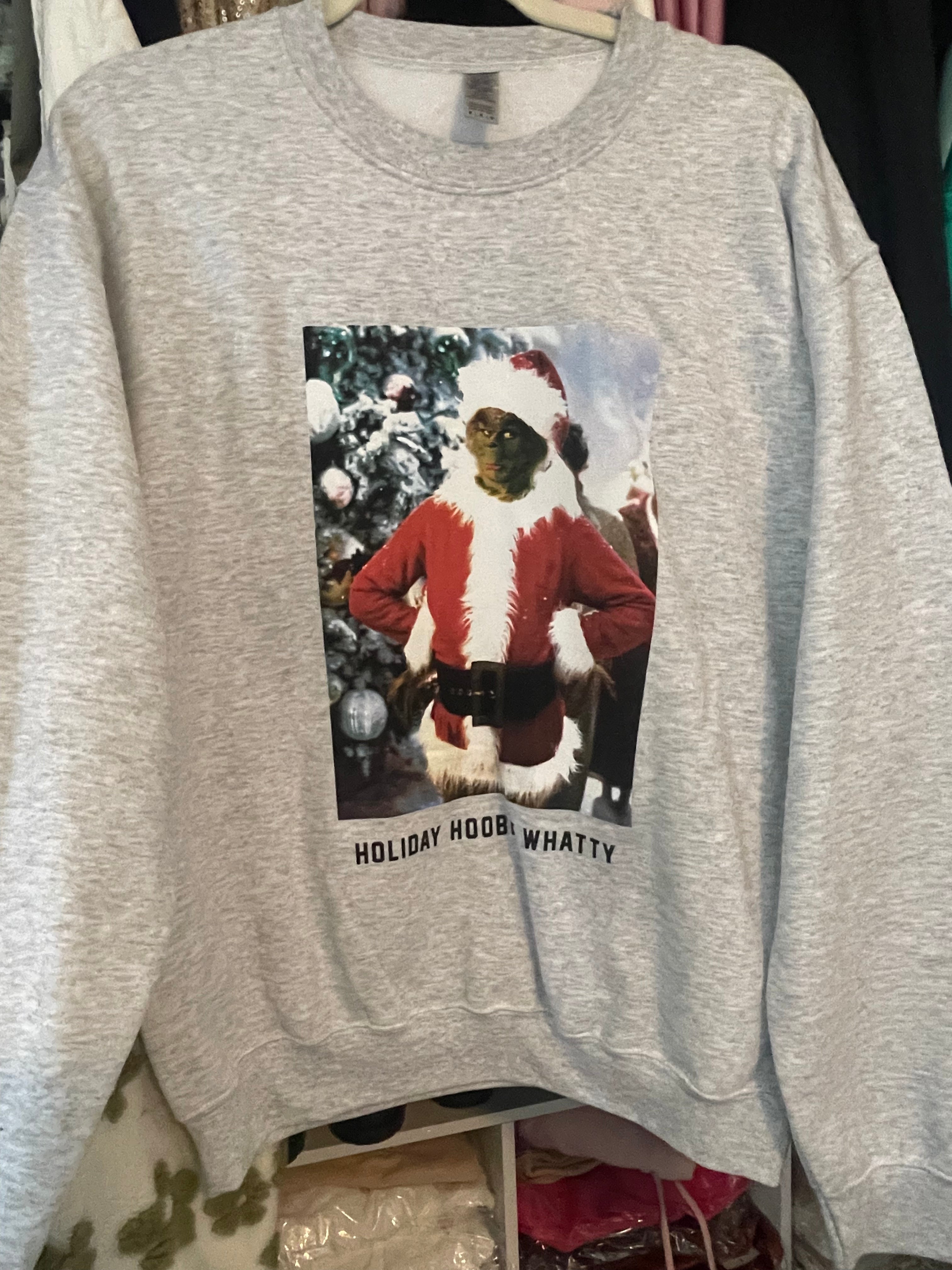 LAST ONE: MEDIUM Holiday Hoobie Whatty Grinch Sweatshirt: Light Gray