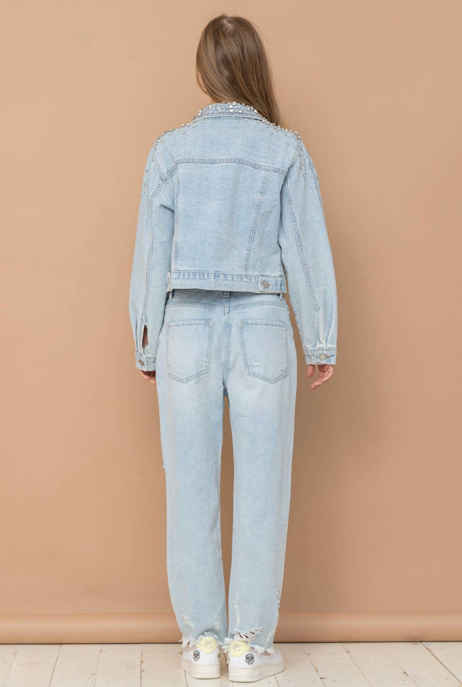 Crystal Studded Collar Denim Jacket