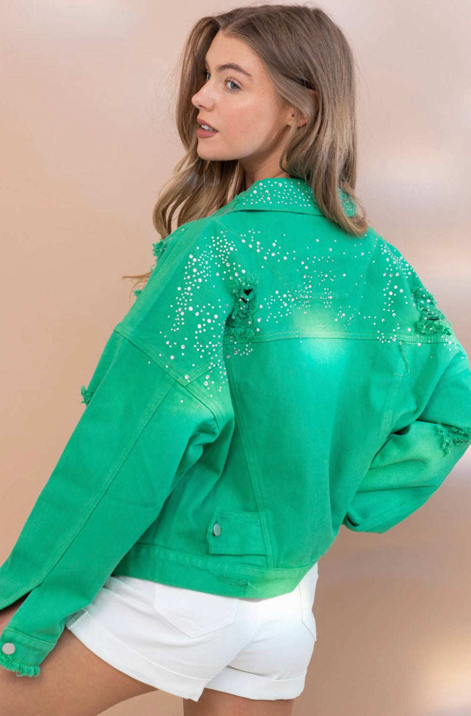 Sparkling Studded Distressed Denim Jacket (multiple colors)