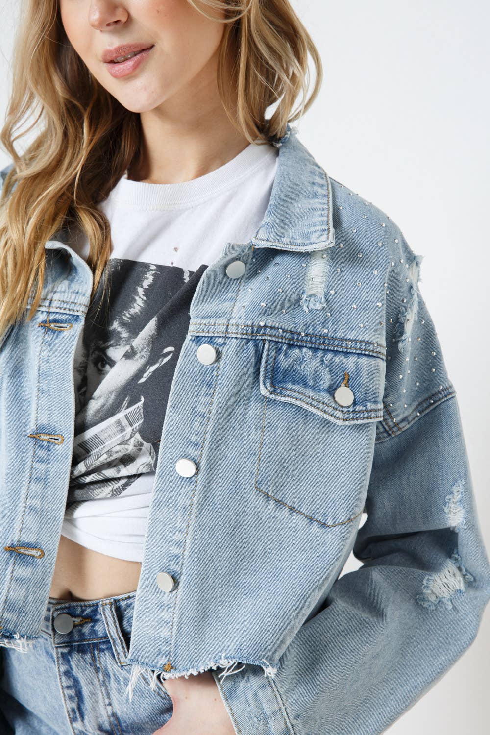Mini Sparkles Cropped Oversized Denim Jacket