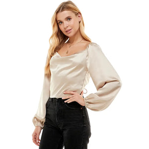 Open Back Satin Long Sleeve Top: Champagne