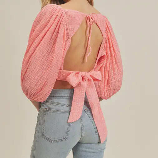Cropped Coral Open Back Puff Sleeve