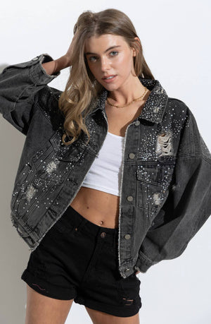 Sparkling Studded Distressed Denim Jacket (multiple colors)