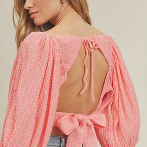 Cropped Coral Open Back Puff Sleeve