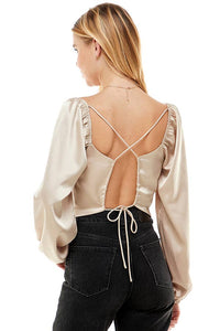 Open Back Satin Long Sleeve Top: Champagne