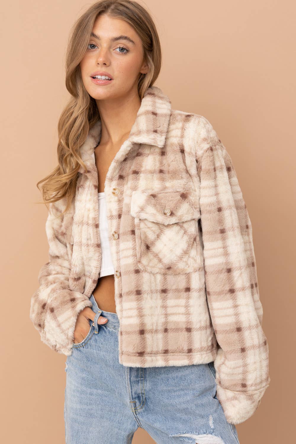 Fuzzy Plaid Button Up Jacket