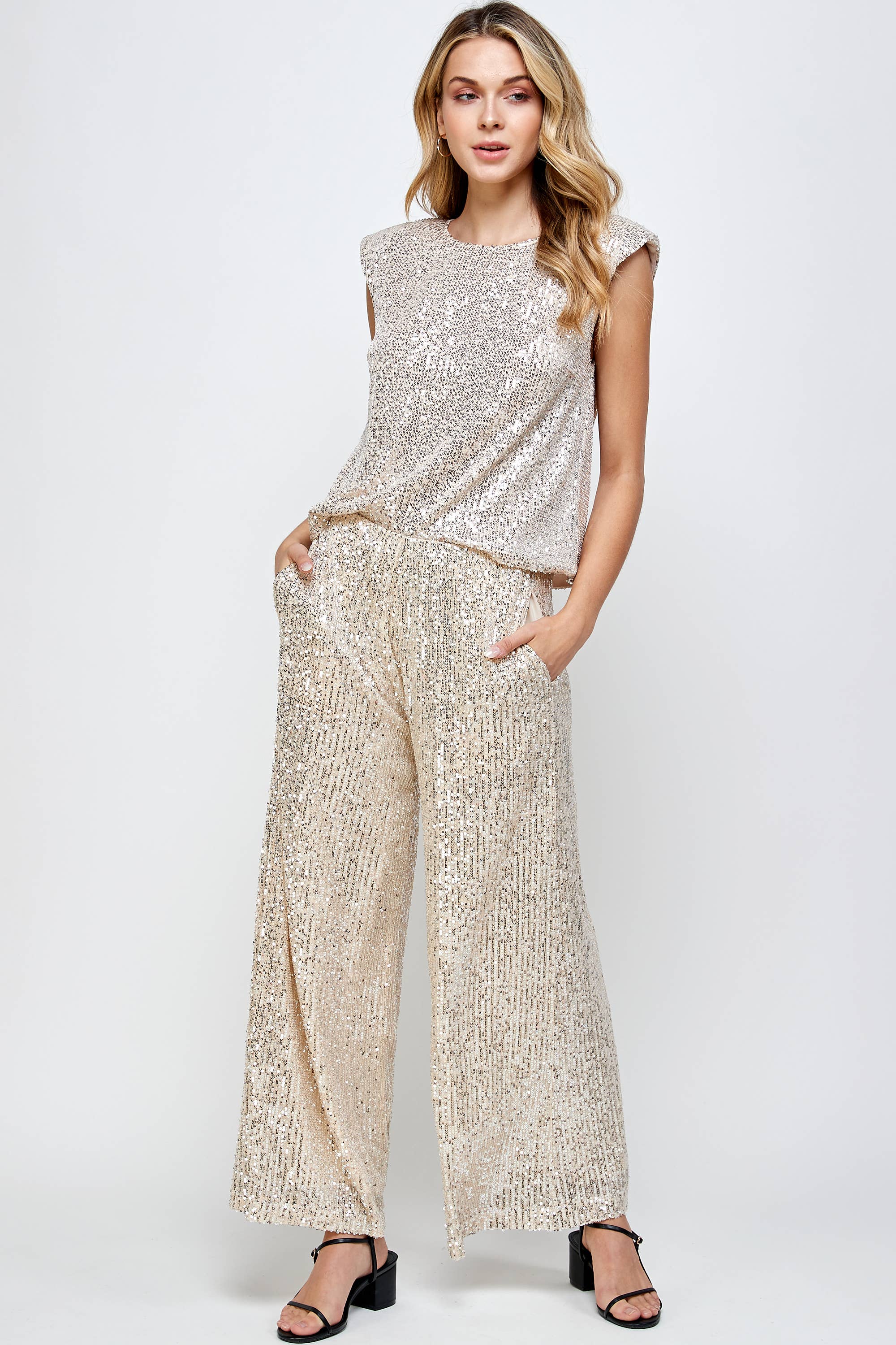 Sequin Wide Leg Palazzo Pant: Champagne Problems