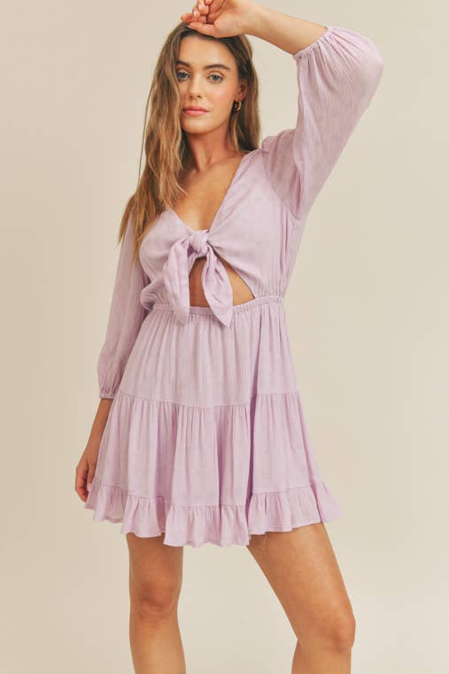 Lilac Front Tie Ruffle Tier Cut Out Dress