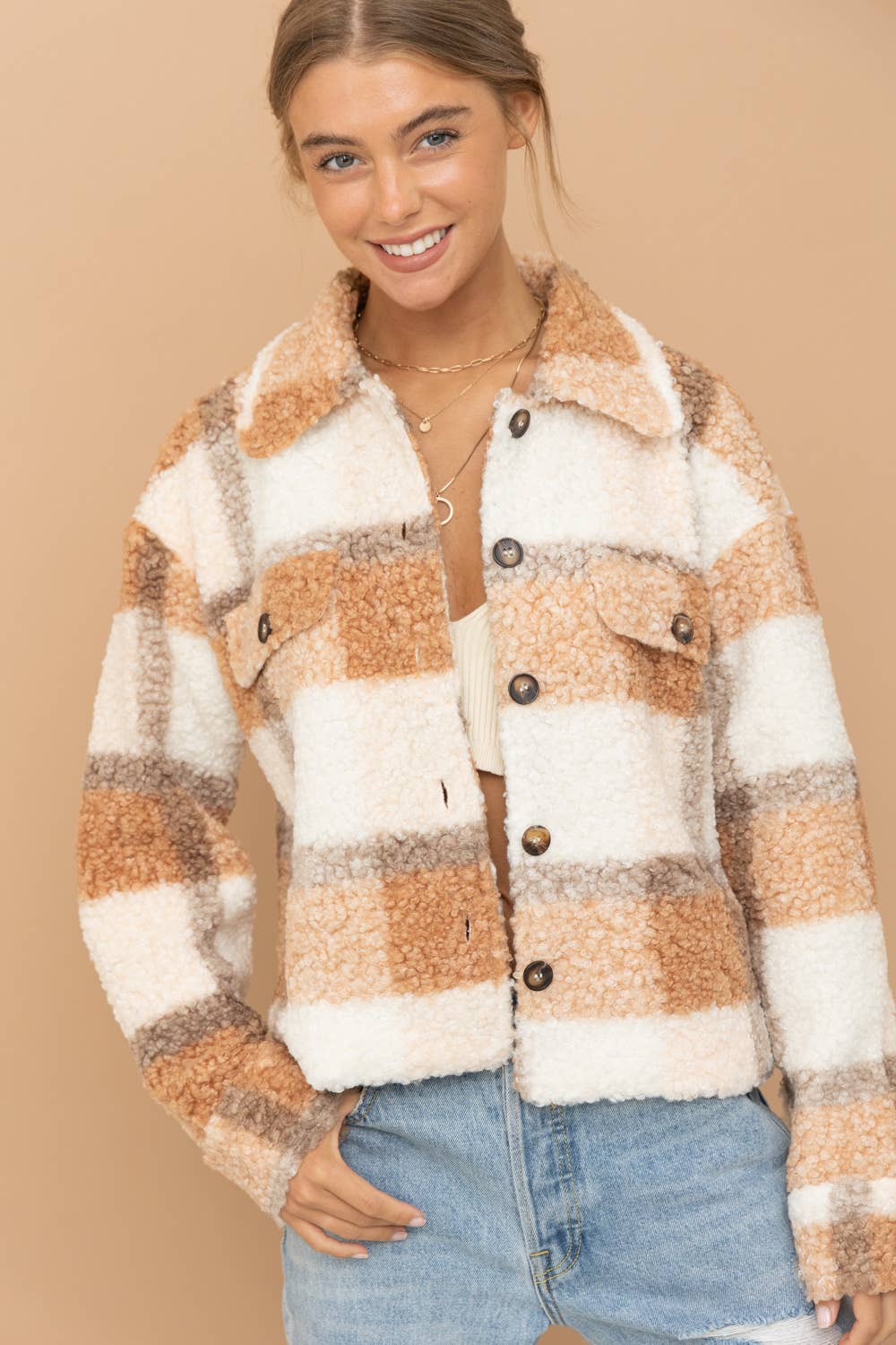 Teddy Plaid Collared Jacket