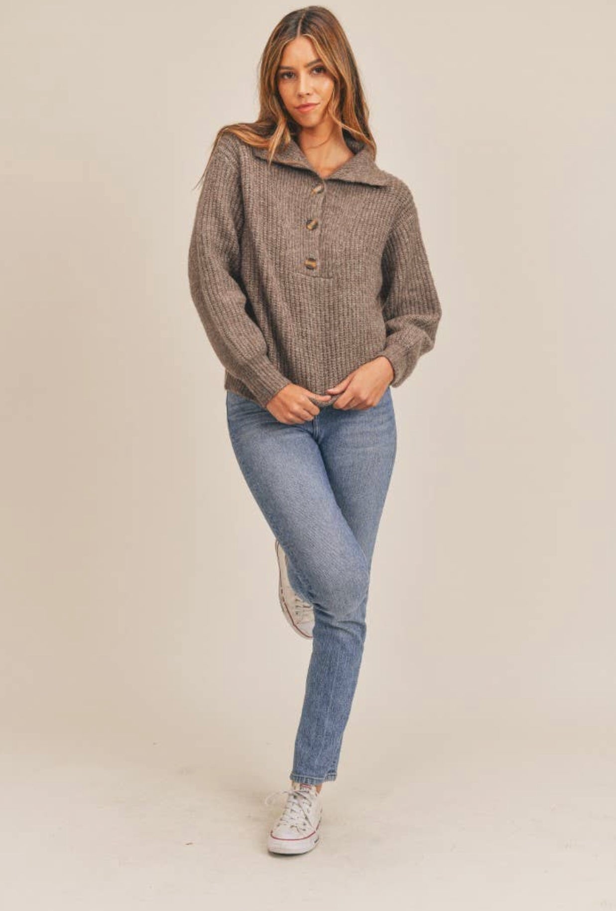 LAST ONE  Long Puff Sleeve Button Sweater