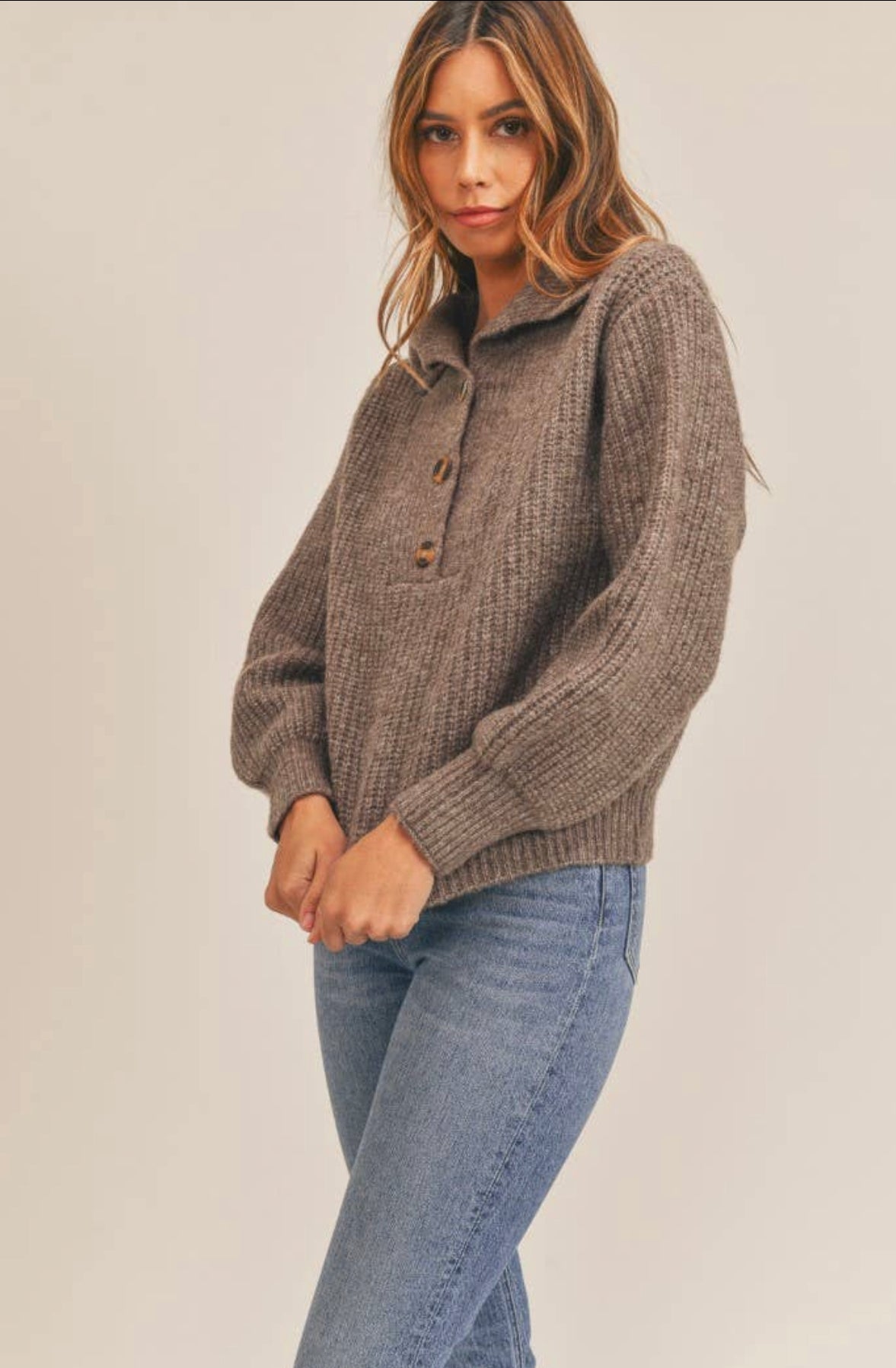 LAST ONE  Long Puff Sleeve Button Sweater