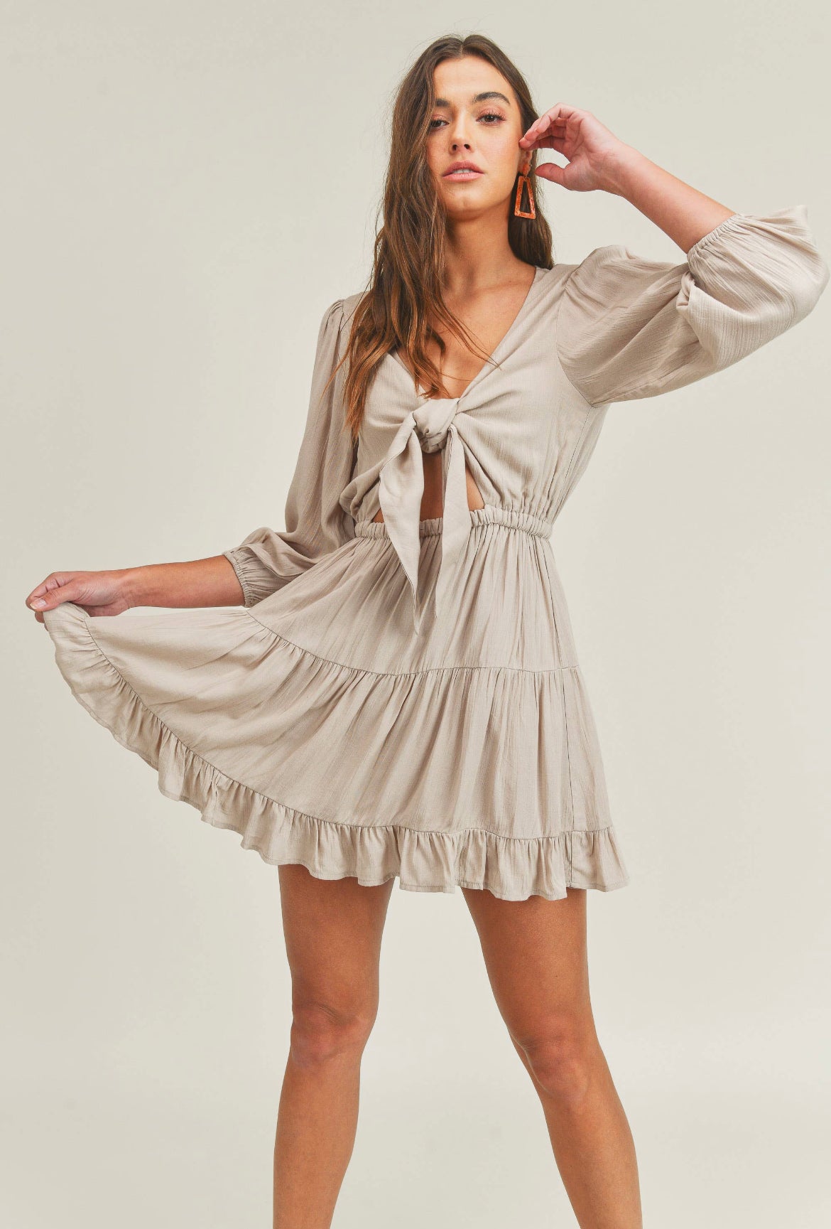 LAST ONE: LARGE FRONT TIE RUFFLE TIER MINI CUT OUT DRESS